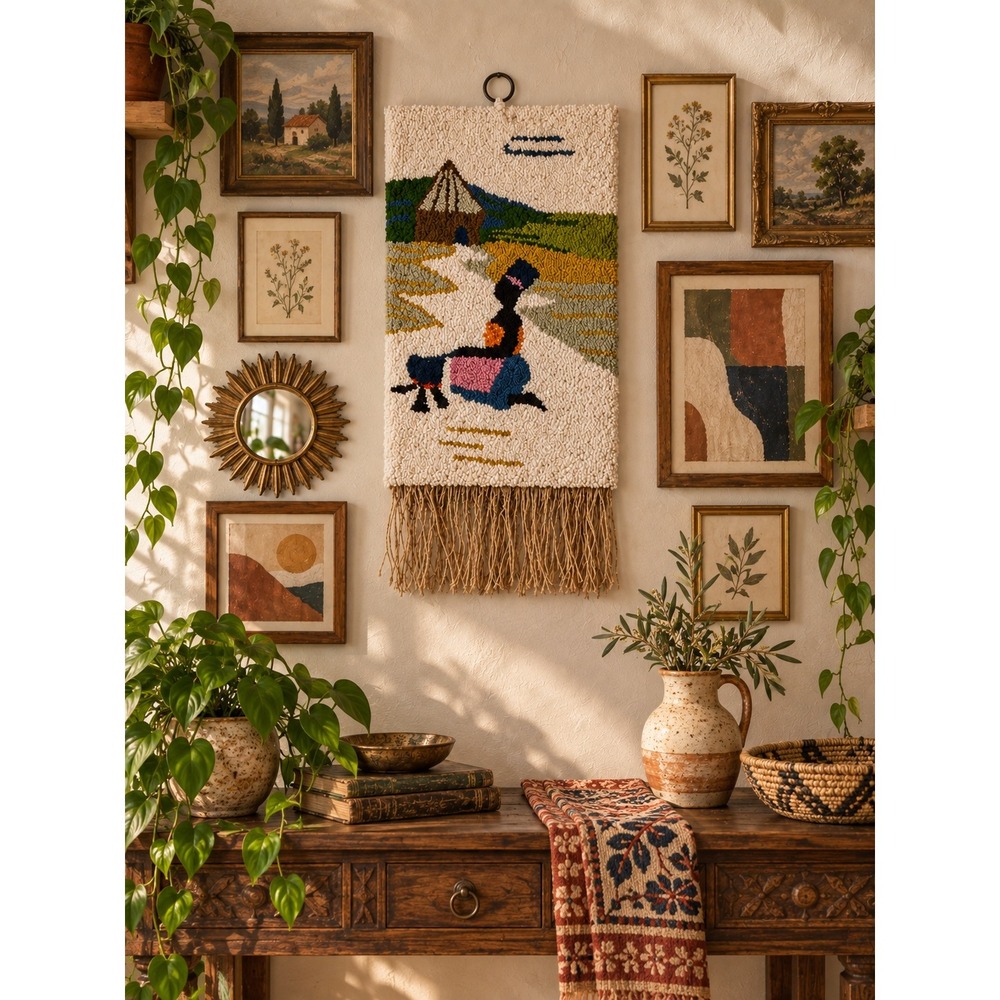 1970s Vintage African Folk Art Hooked Fiber Wall Hanging Woman Village Landscape